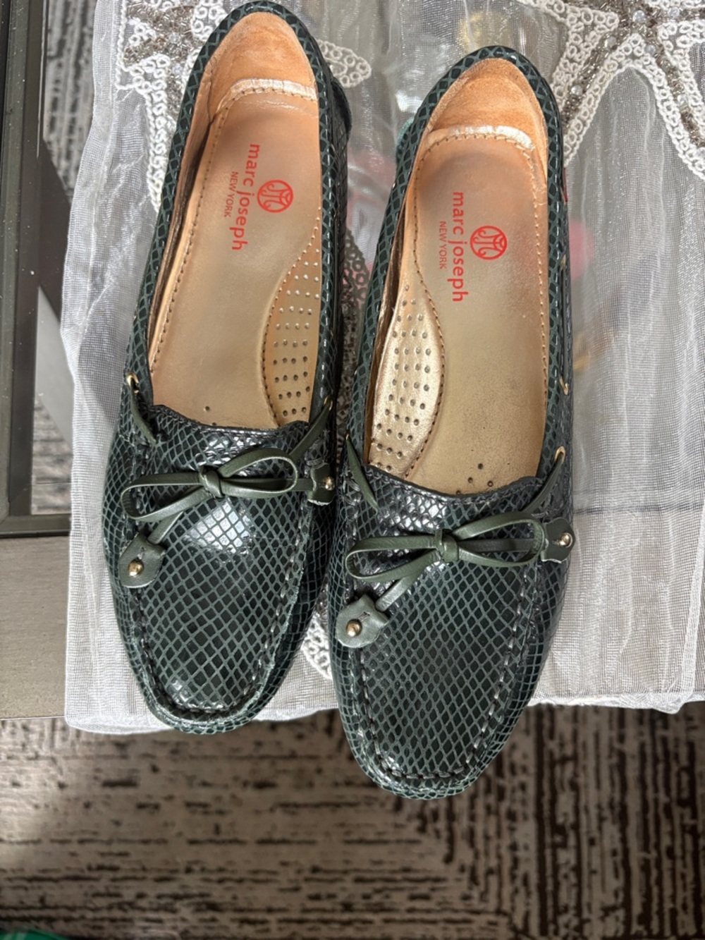 Marc Joseph Olive Green Snake-Embossed Bow Driving Loafers